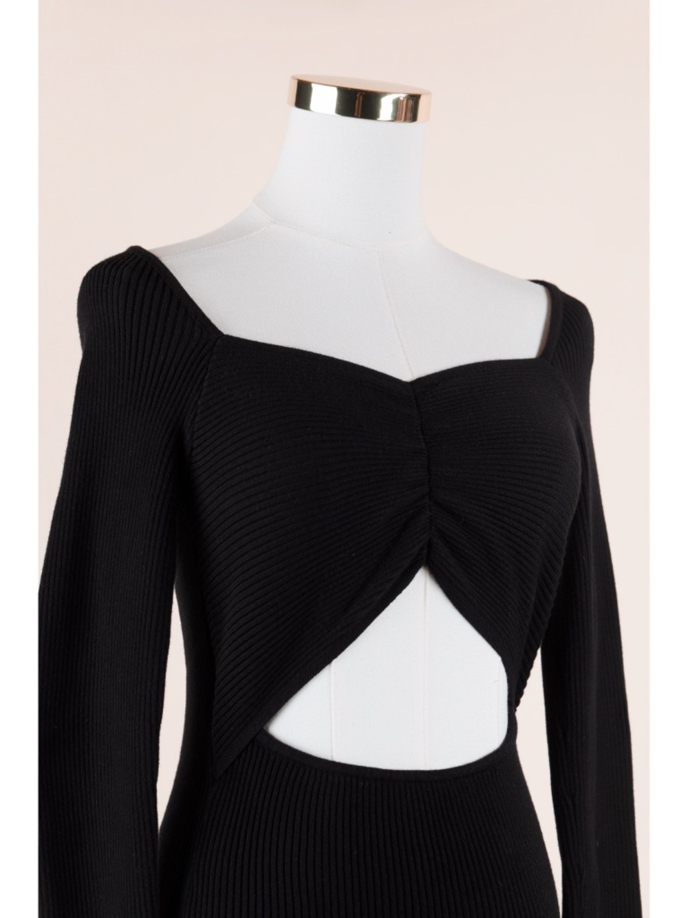 Sz M Promesa Sleek Black Ribbed Stretch Knit Cutout Long Sleeve Mini Dress NWT - Picture 2 of 8